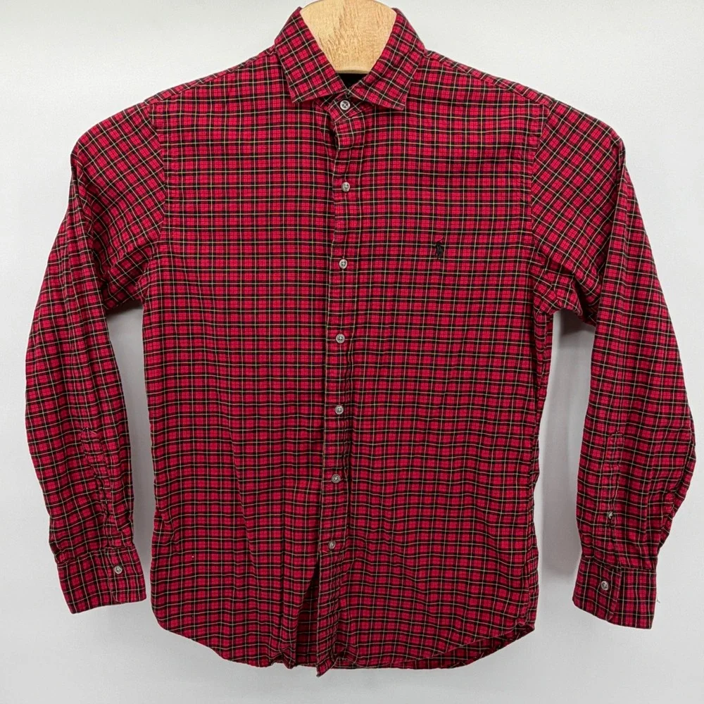 Polo Ralph Lauren Button Down Men Medium‎ Red Black Plaid Slim Fit Long Sleeve
